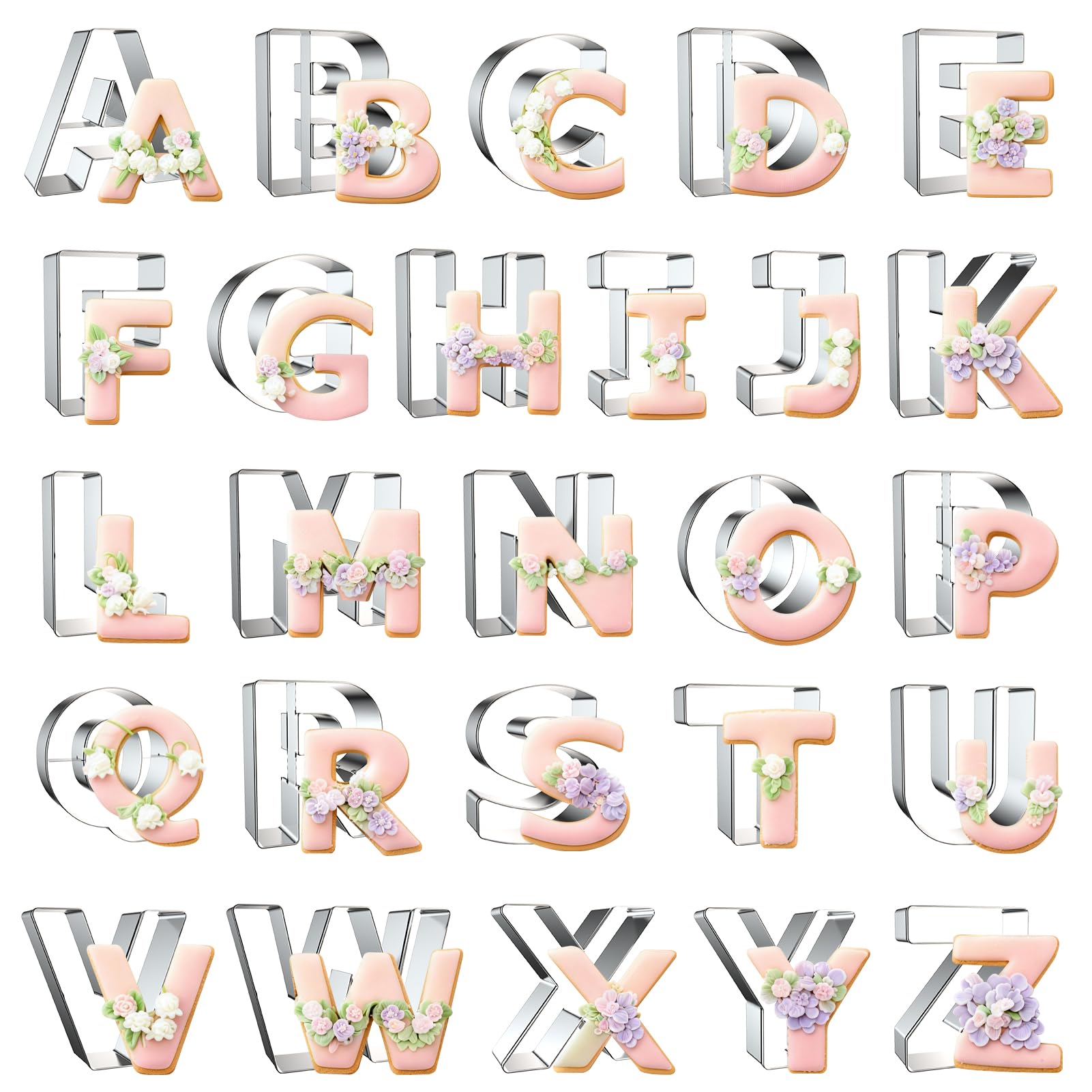 ZADE 26-piece alphabet cutters shaping large letters on dough