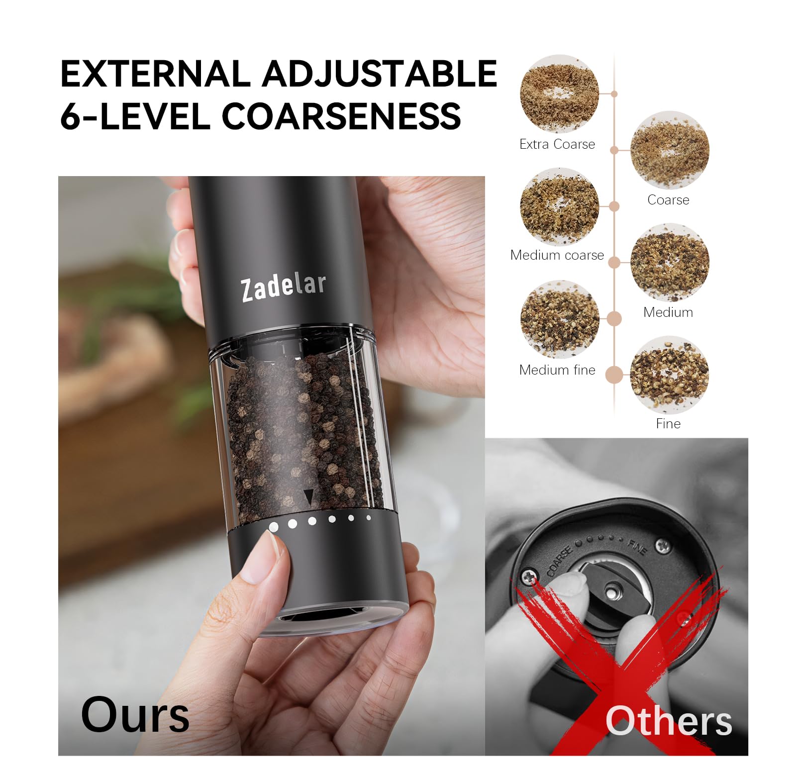 Zadelar 95ml capacity clear body shows pepper levels at a glance.