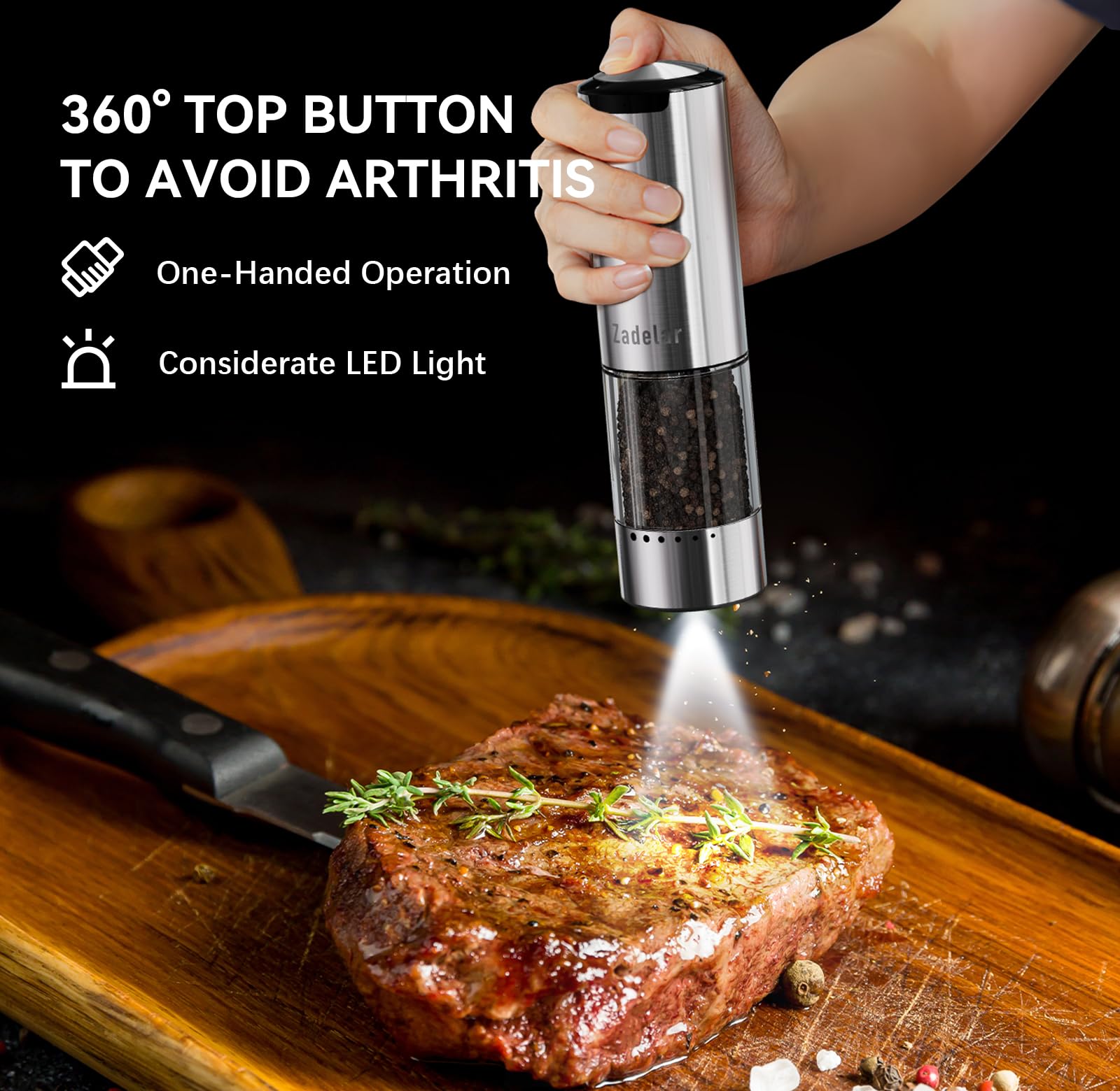 Zadelar external coarseness dial for quick, precise grind sizes.