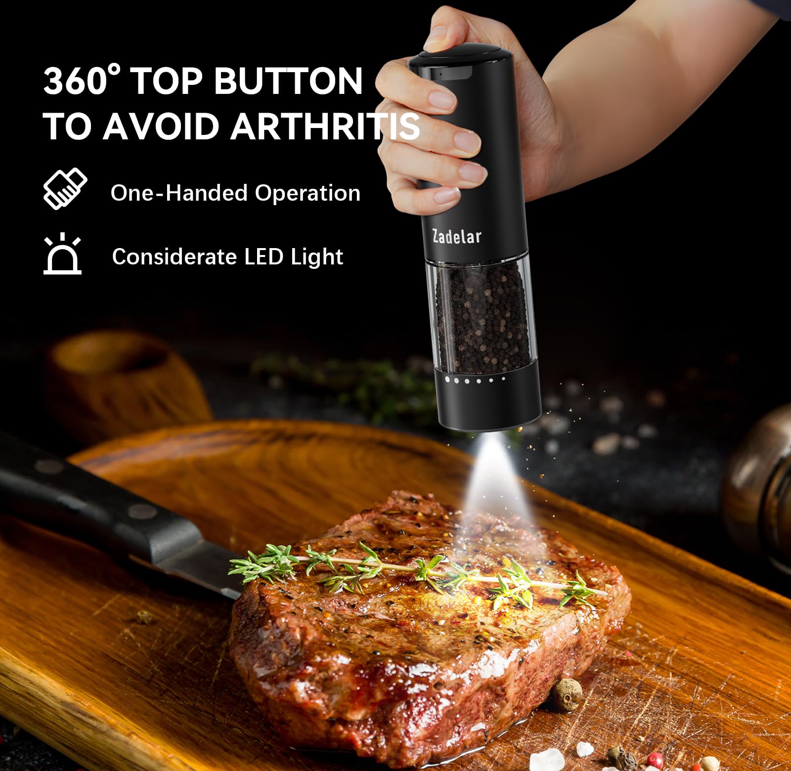 Zadelar external coarseness dial lets you tailor grind size for perfect seasoning.