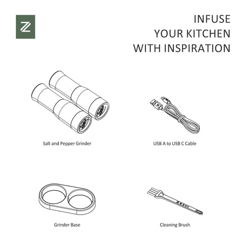 Zadelar gift-ready spice grinder set with base and cleaning brush