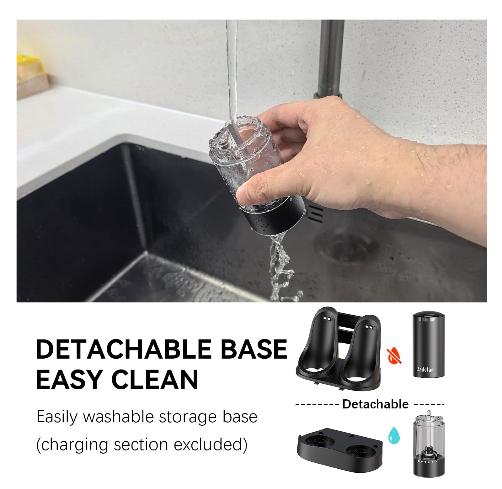 Zadelar grinder with LED light illuminates the grinding area for precision.