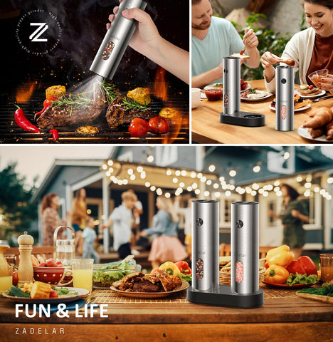 Grinders on a dining table provide a sleek, functional centerpiece.