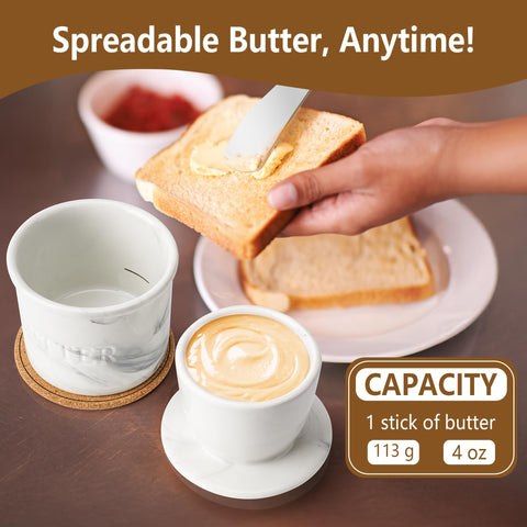 Zafero butter crock with marble coaster protects countertops and adds elegance.