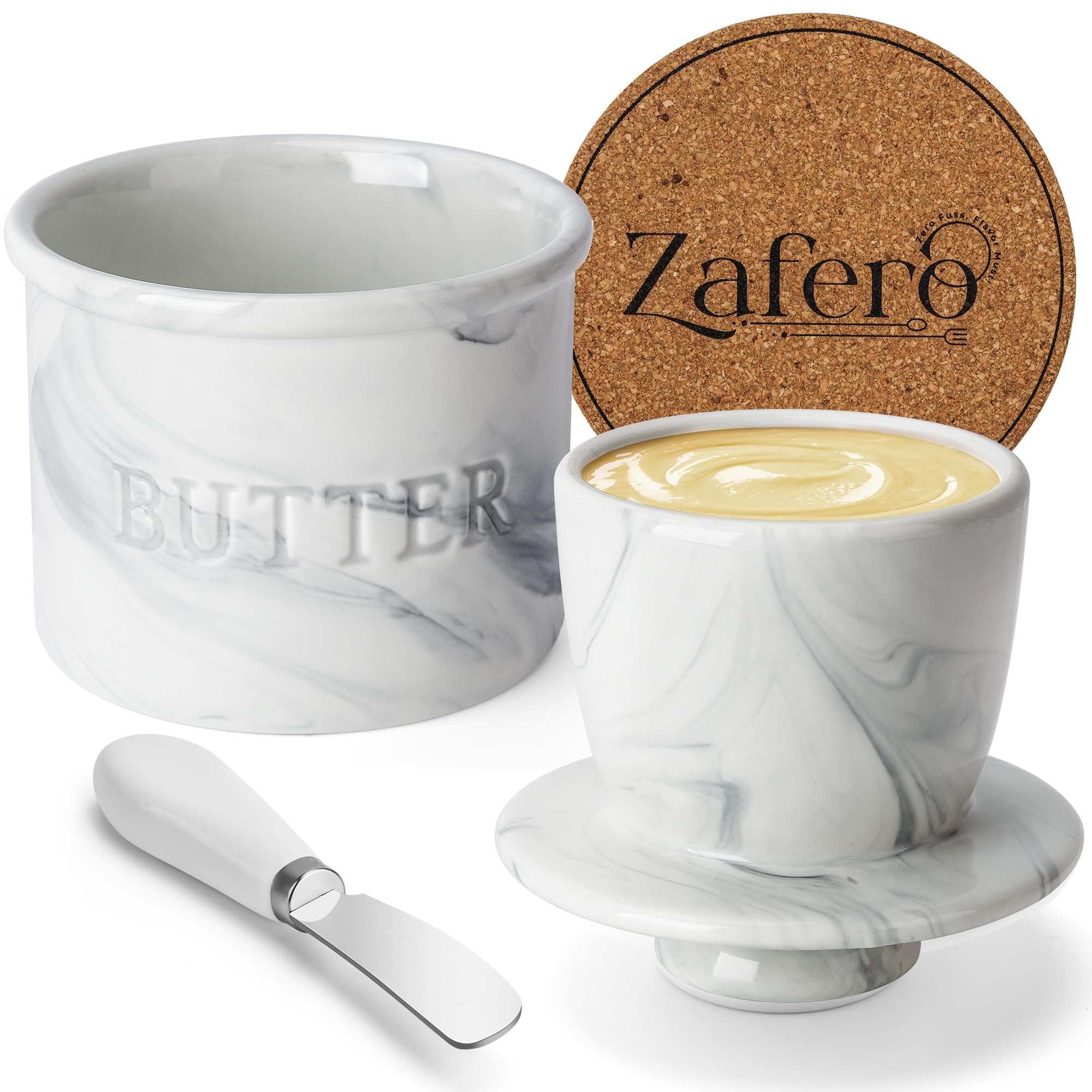 Zafero butter crock lid with marble finish preserves freshness while keeping butter soft.