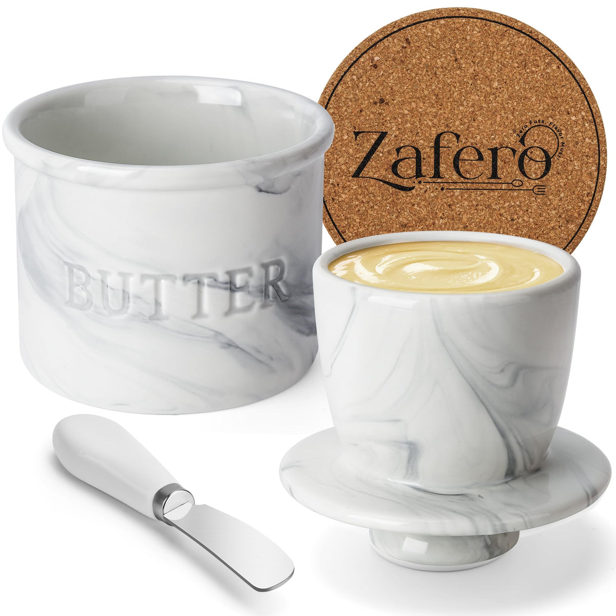 Zafero butter crock lid with marble finish preserves freshness while keeping butter soft.