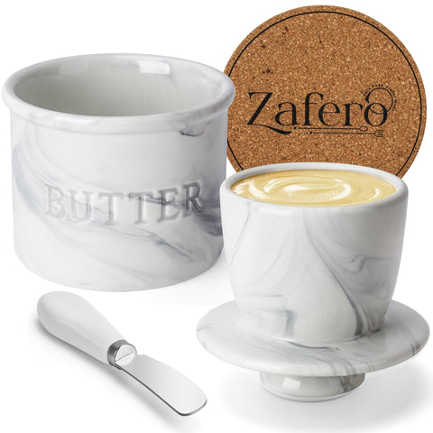 Zafero butter crock lid with marble finish preserves freshness while keeping butter soft.
