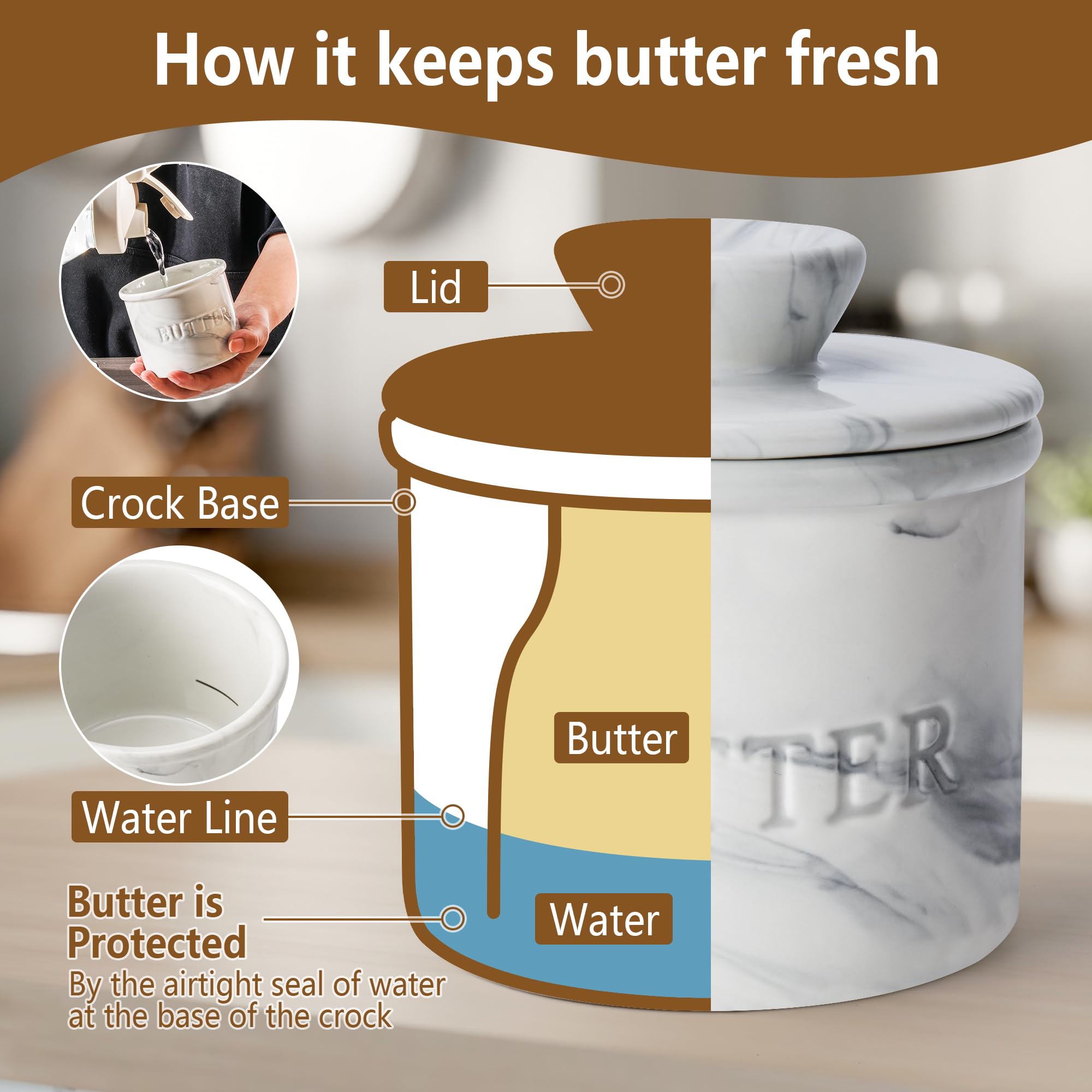 Zafero marble butter container keeps butter fresh and flavorful on the counter.