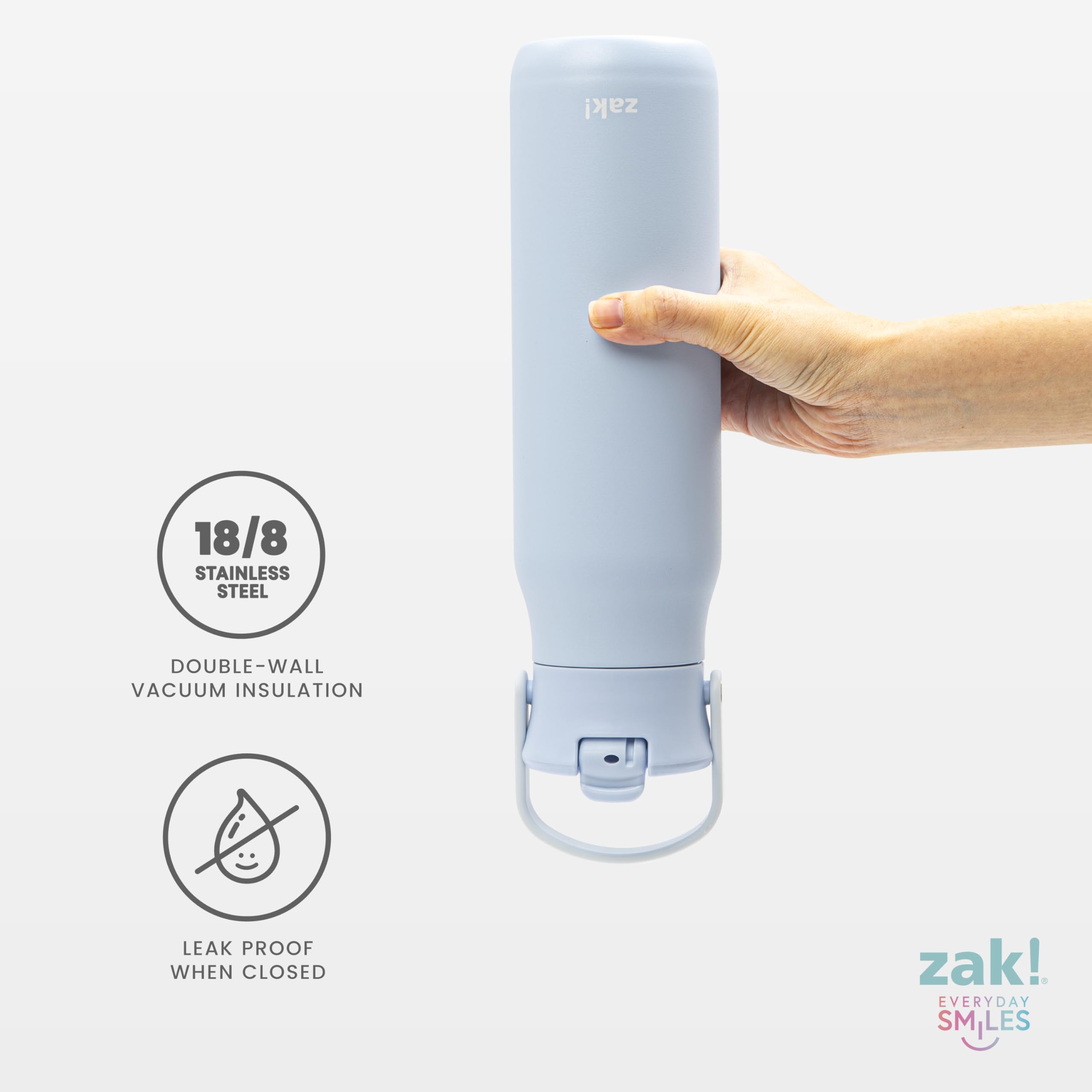 Zak Designs vacuum-insulated 32oz bottle maintains cold drinks and reduces condensation.