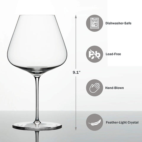 Zalto Denk'Art Burgundy red glass with thin lip supports direct wine contact.