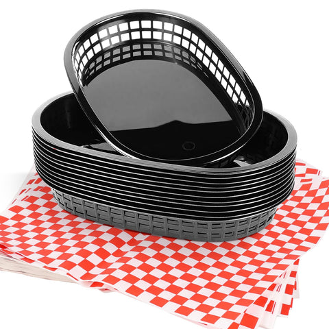 Zandfelo black fast food baskets with liners; sturdy and grease-resistant for burgers.