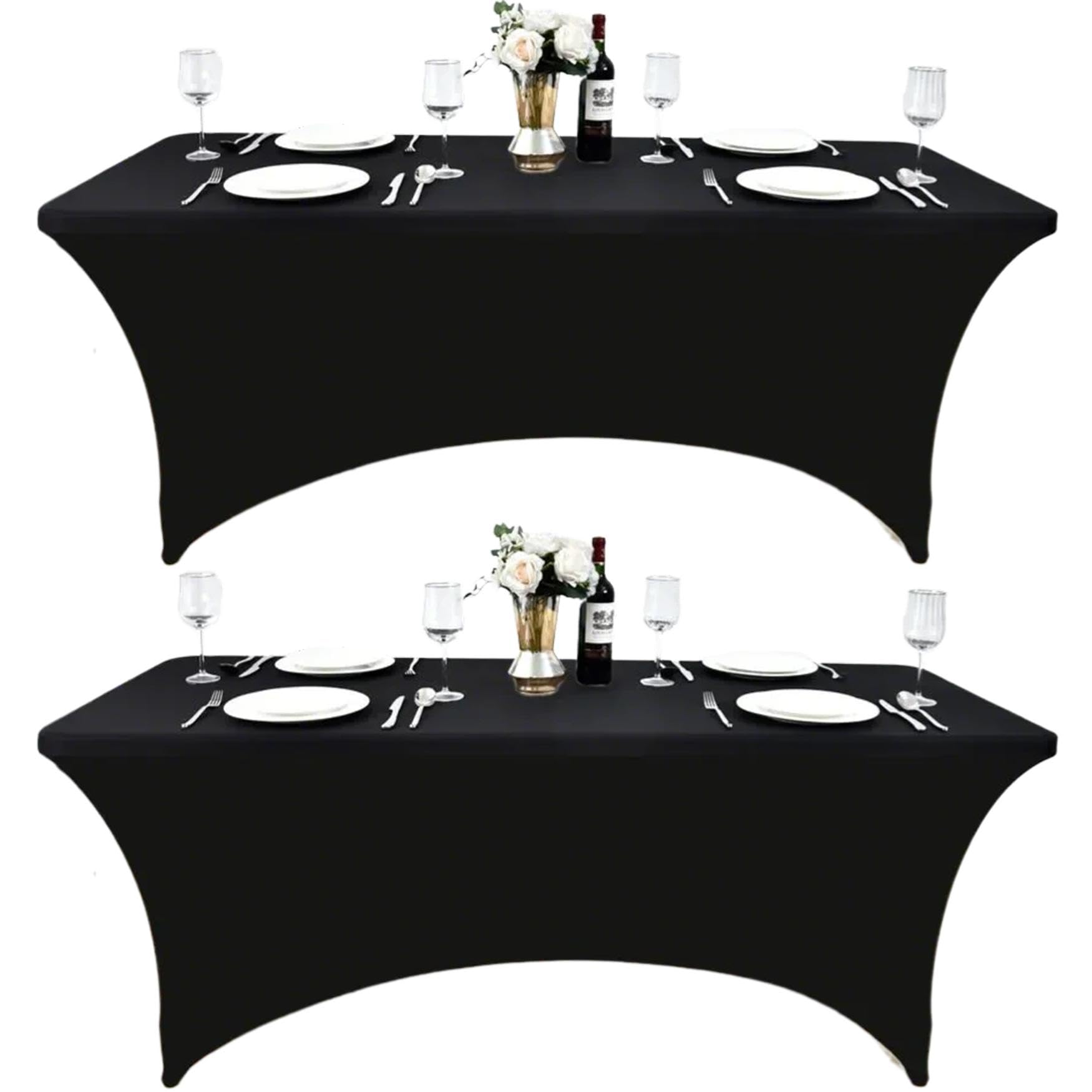 ZarzaaSik 6ft black spandex table cover on table provides a sleek, professional look for events.