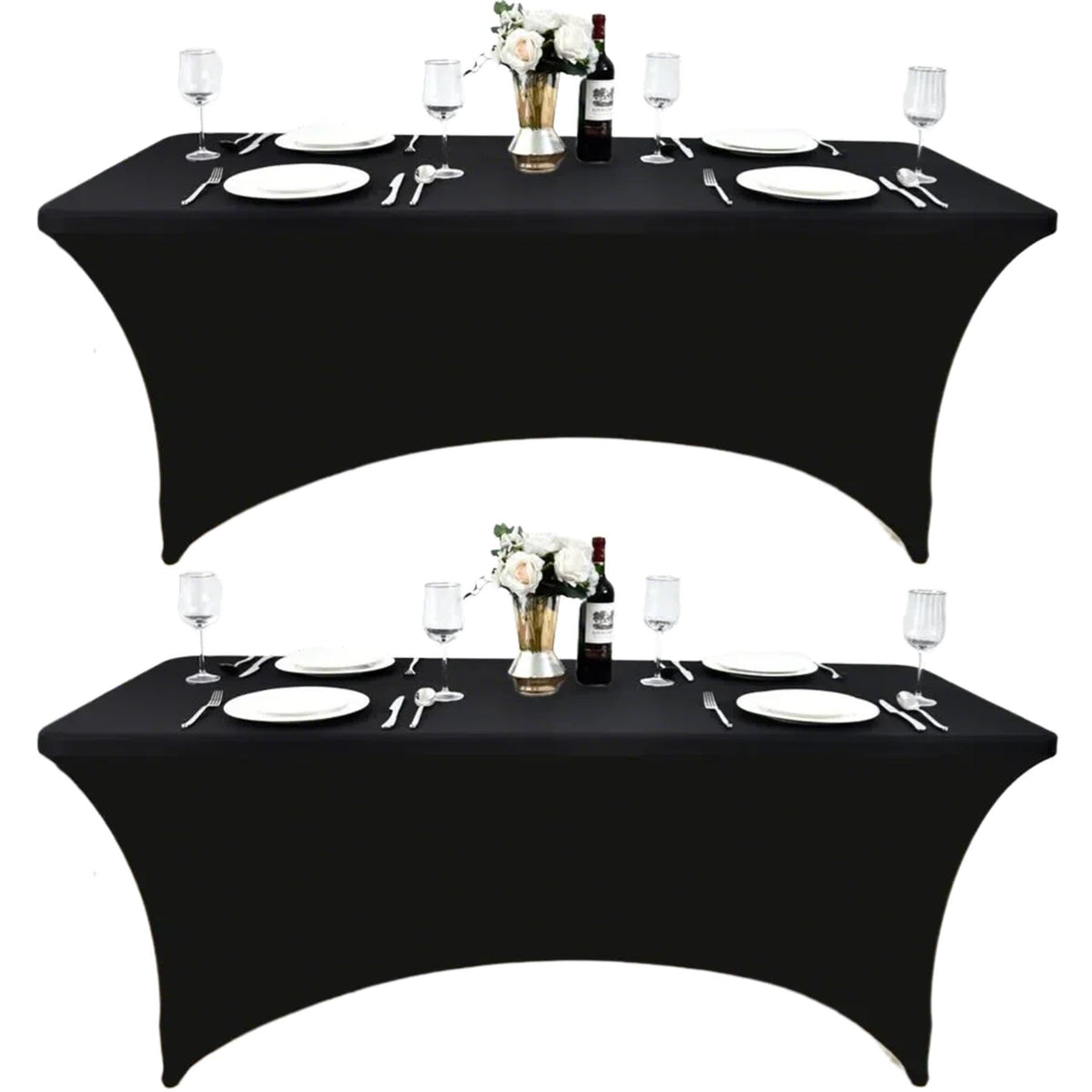 ZarzaaSik 6ft black spandex table cover on table provides a sleek, professional look for events.