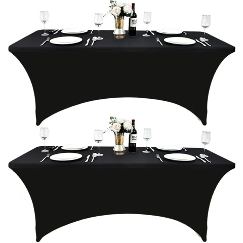 ZarzaaSik 6ft black spandex table cover on table provides a sleek, professional look for events.