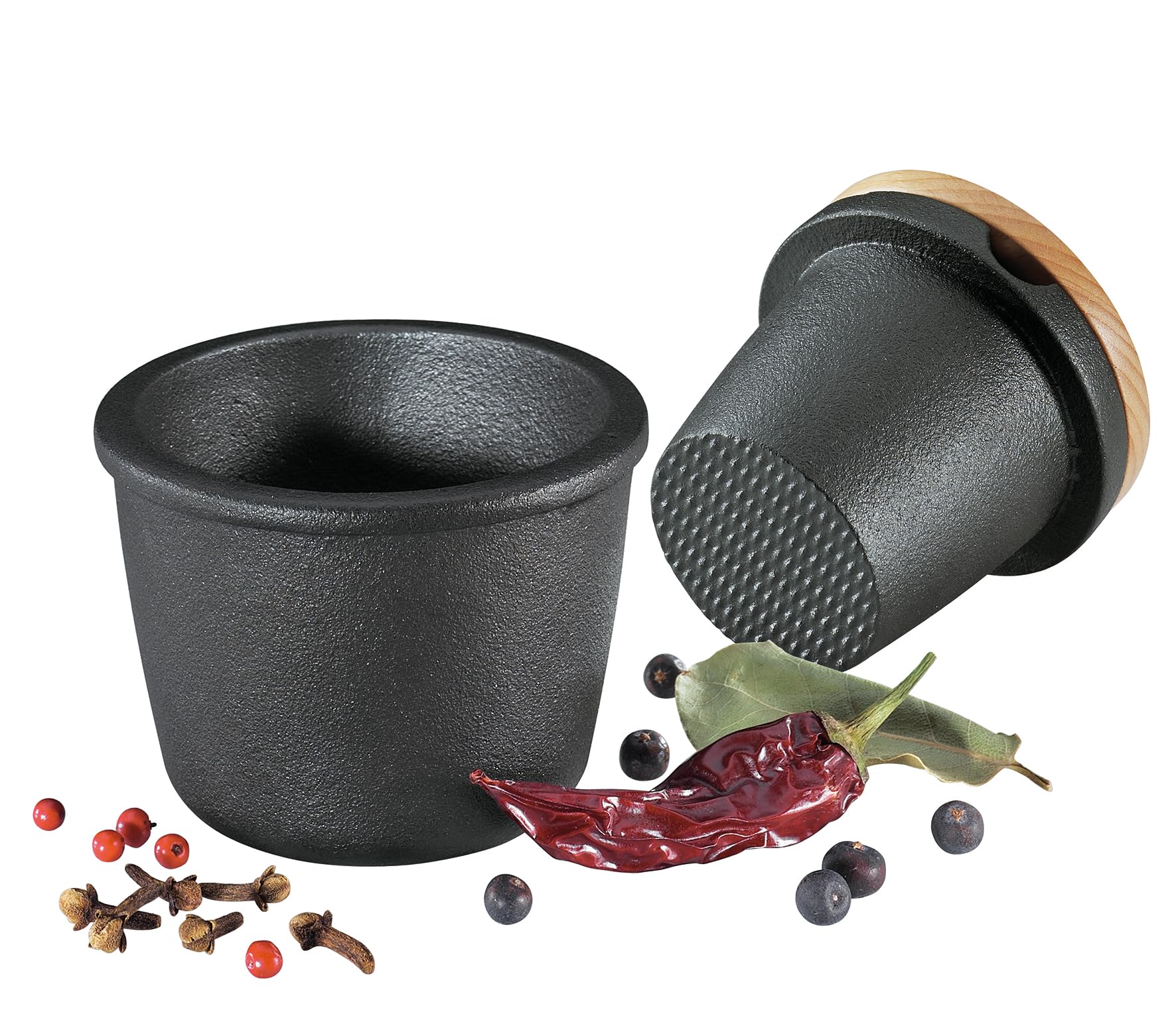 Zassenhaus cast iron spice grinder set with beech lid, compact for everyday grinding.