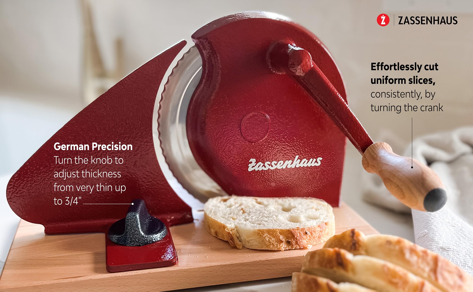 Zassenhaus bread slicer with hand crank for authentic manual slicing.