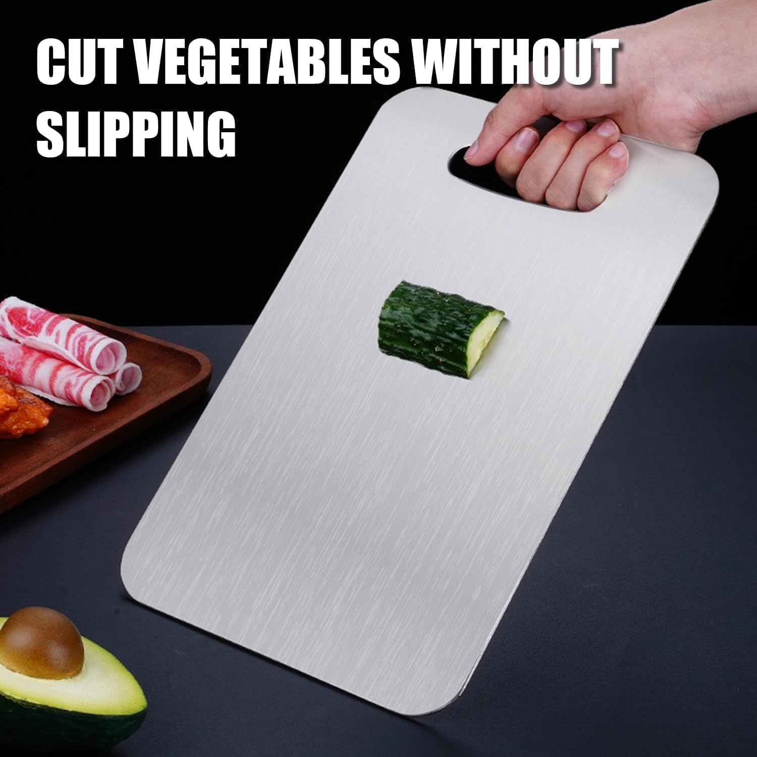 Zaucet titanium cutting board with durable surface resistant to cuts and grooves.