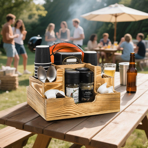 ZAVOOS napkin and cup storage on sturdy pinewood base for easy access.