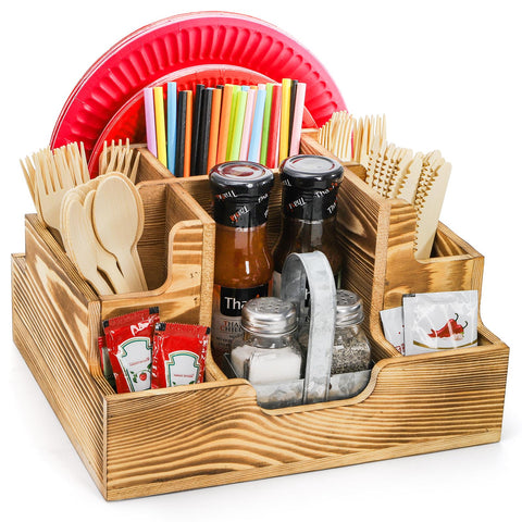 ZAVOOS paper plate dispenser with wood finish keeps plates organized at gatherings.