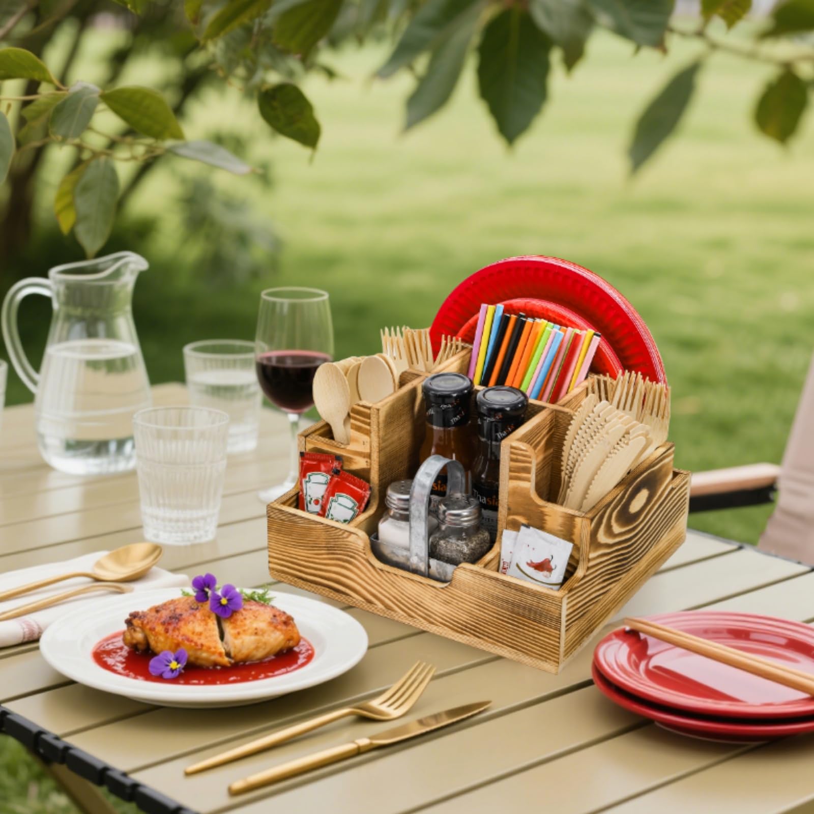 ZAVOOS durable pinewood storage keeps utensils tidy during parties and picnics.