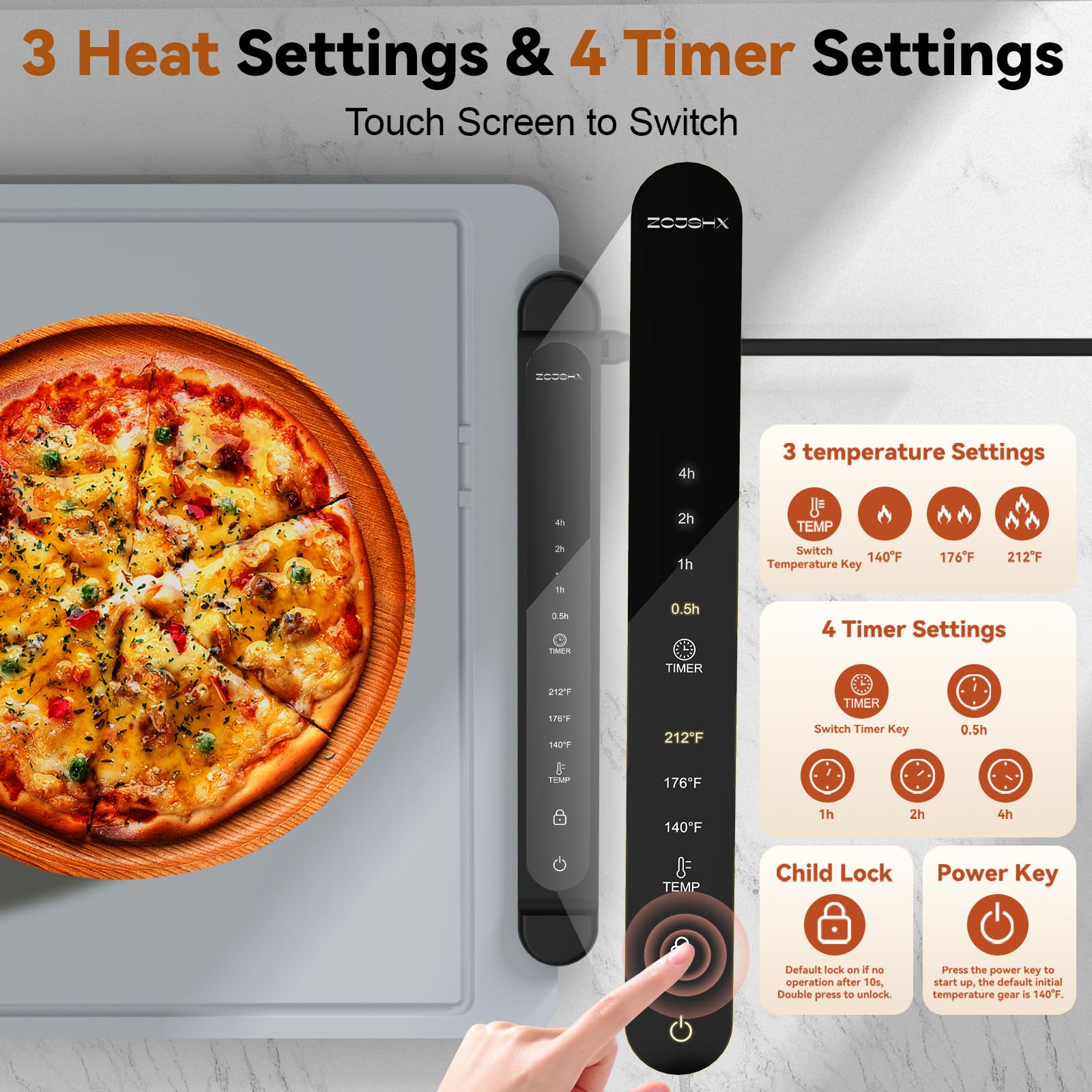 ZCJSHX warming mat with 3 temperature and 4 timer settings for precise serving