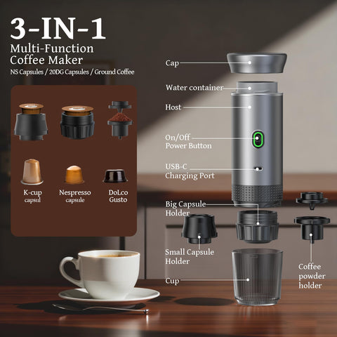 Zcyge 3-in-1 design supports NS capsules, DG pods, and ground coffee