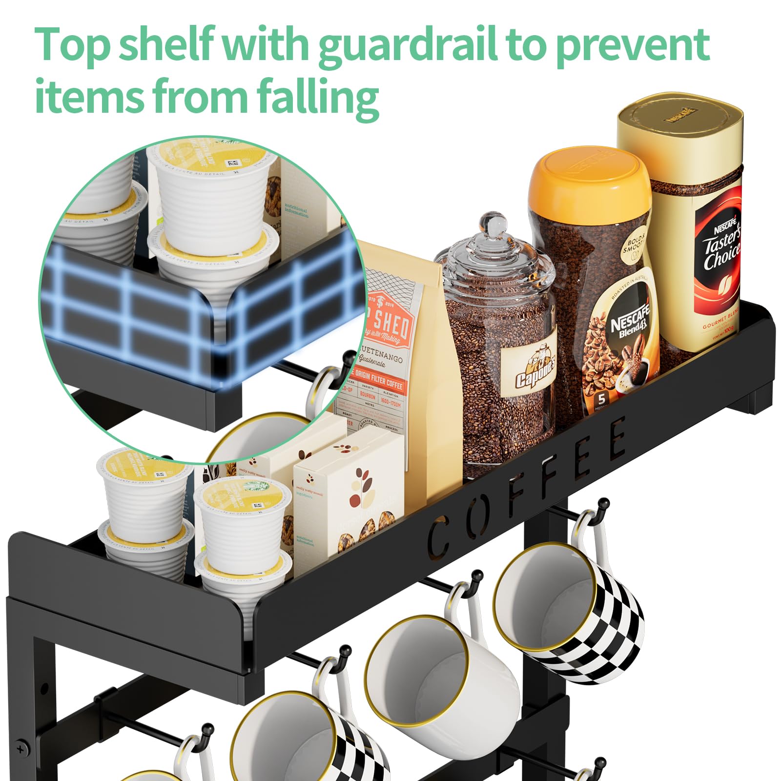 ZDDLOINP movable hooks let you adjust spacing to prevent mug collisions.