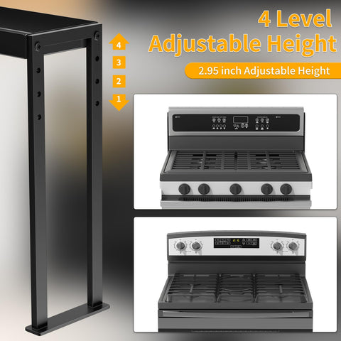 ZDDLOINP spice rack shelf extended-length demonstrates flexible fit for 24 to 32 inch stoves.