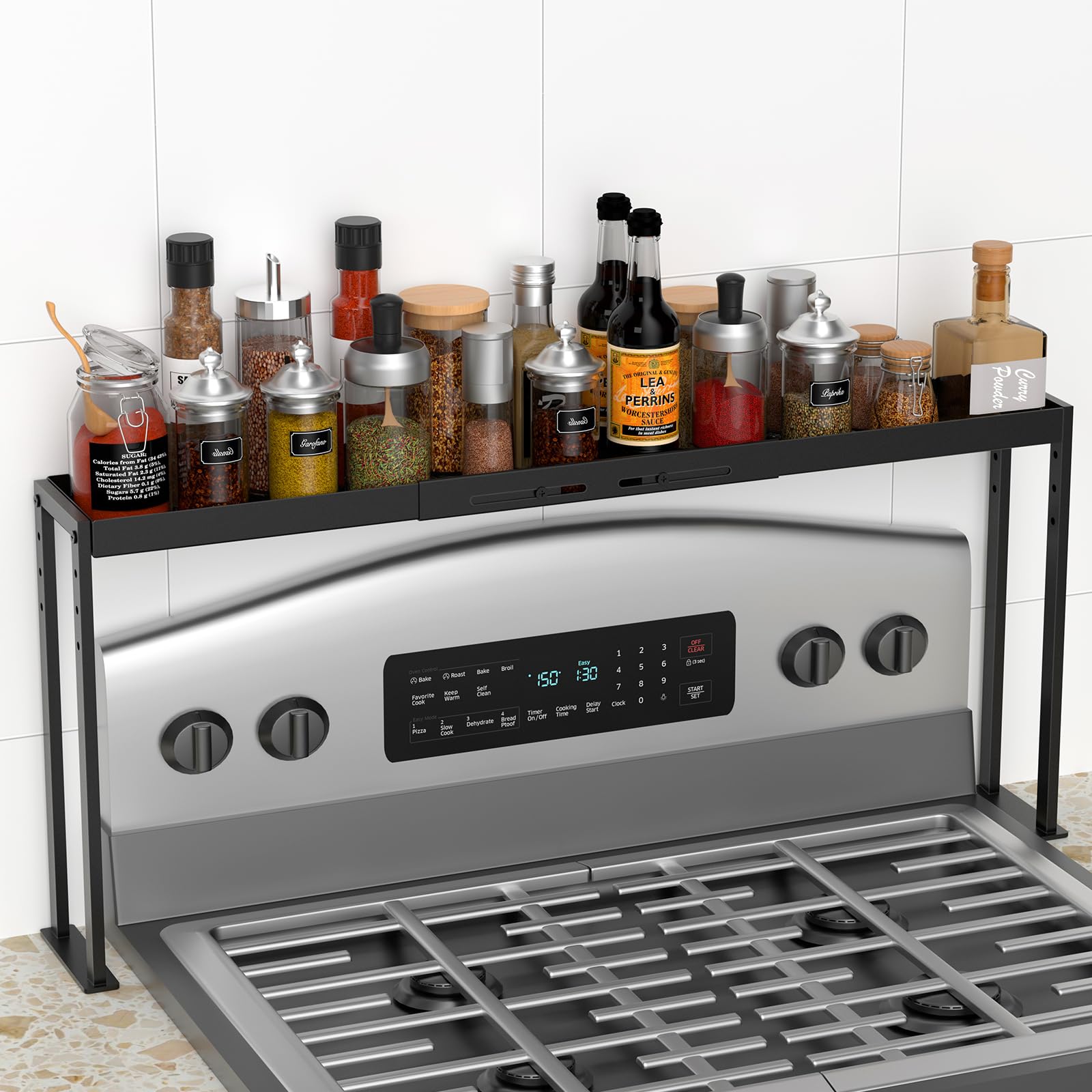ZDDLOINP spice rack shelf front view shows compact, organized stove-top storage.