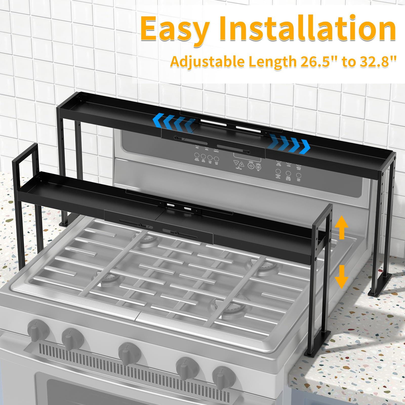 ZDDLOINP shelf installed on stove top shows convenient, elevated storage above burners.