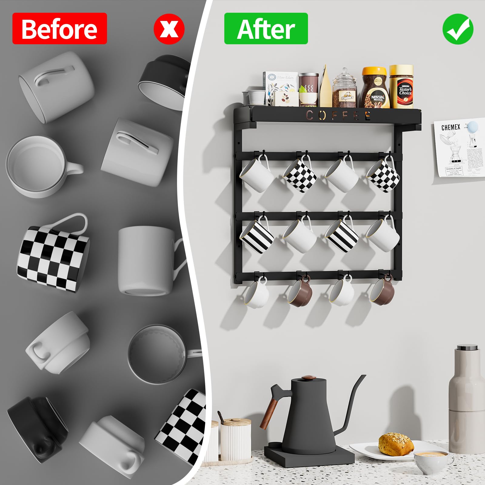 ZDDLOINP top shelf stores coffee pods, tea bags, and small essentials for a tidy coffee corner.