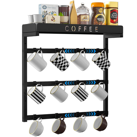 ZDDLOINP wall-mounted mug holder with 12 hooks keeps mugs organized and within reach.