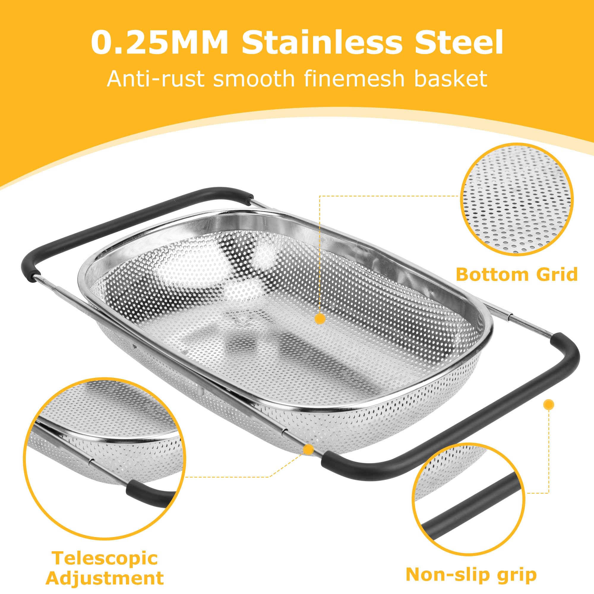 ZDRongZhen expandable rubber grip keeps the colander stable on any sink.