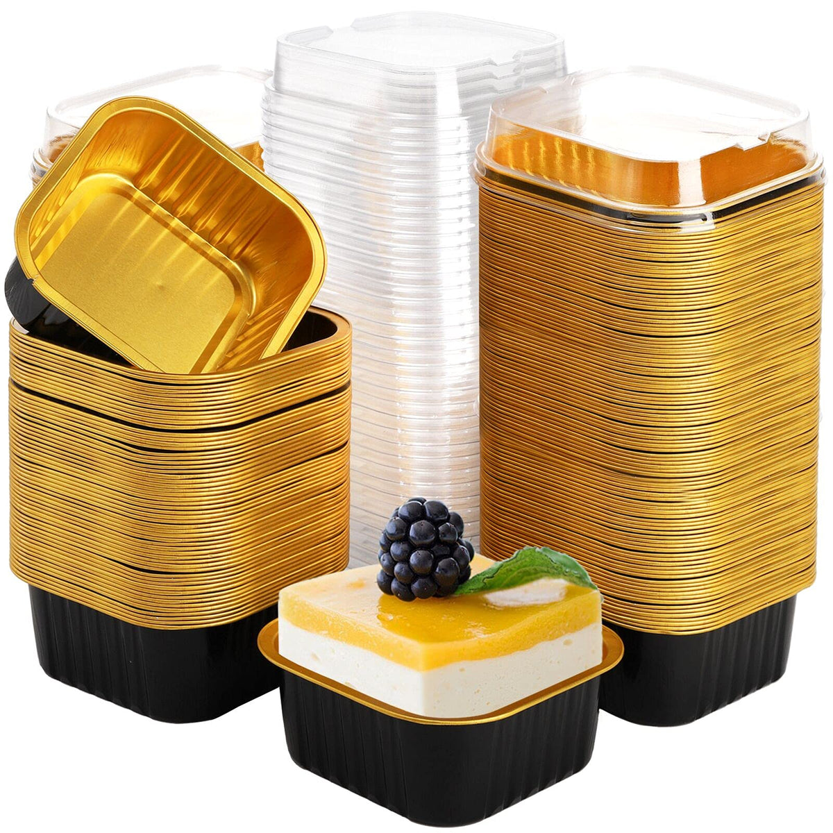 ZEAYEA 100-piece aluminum baking cups with lids, perfect for party desserts.