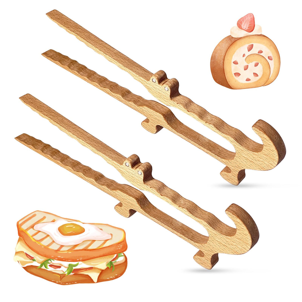 Zeikiwe crocodile wooden toaster tongs 2-pack, 11-inch, secure lift for toast and pastries
