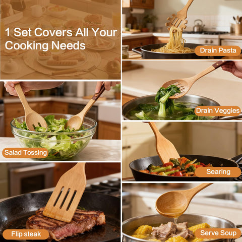 Zeikiwe spaghetti pasta server in two-tone beechwood for sturdy serving.