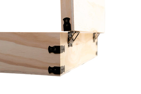 Zen Earth Inspired pine lid design highlights 90-degree opening and sturdy hinges.