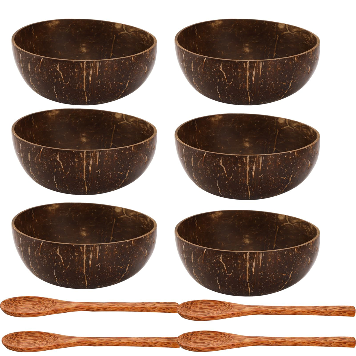 ZENFUN six-pack coconut bowls with wooden spoons set for versatile meals.