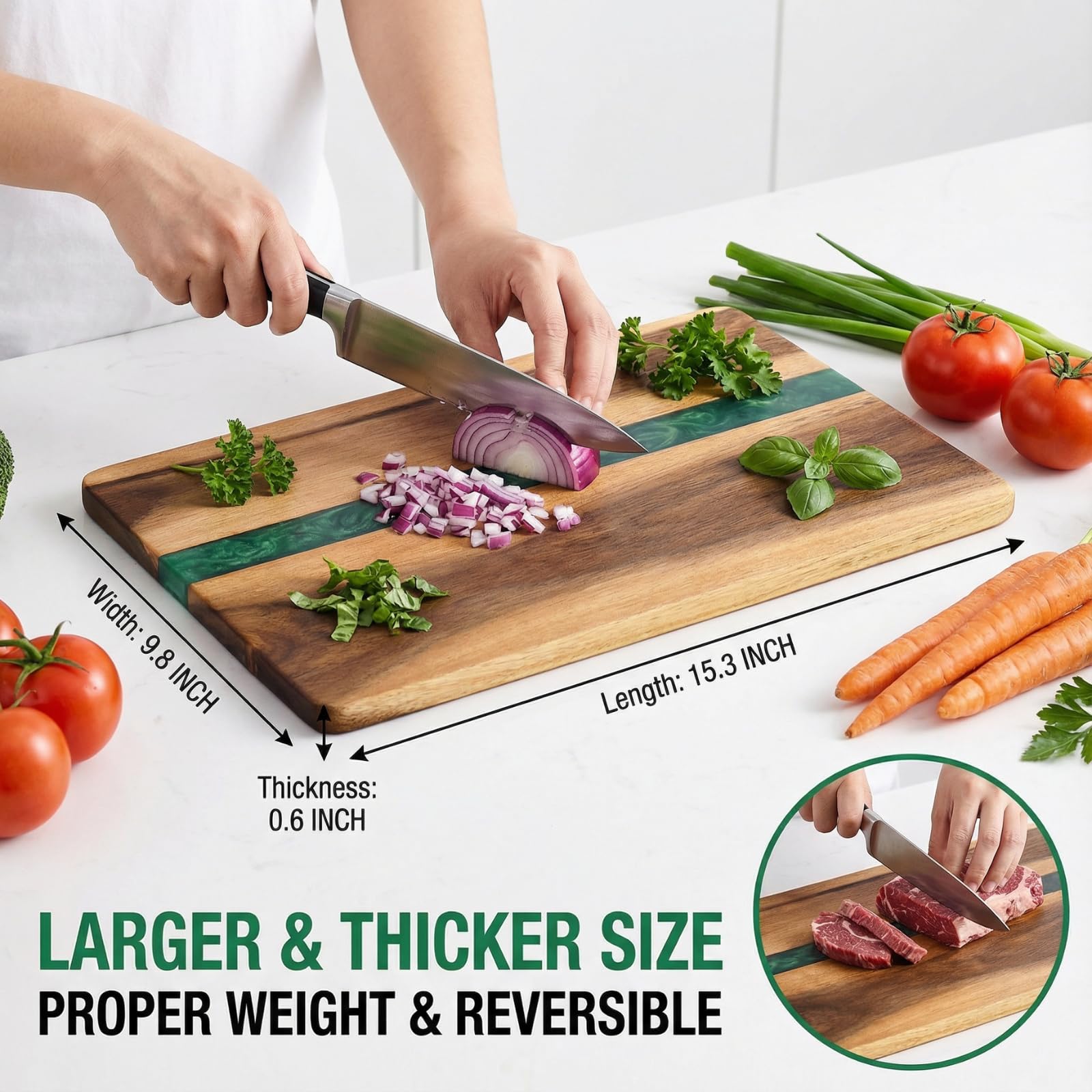 ZENFUN Acacia wood cutting board green resin close-up showing natural grain