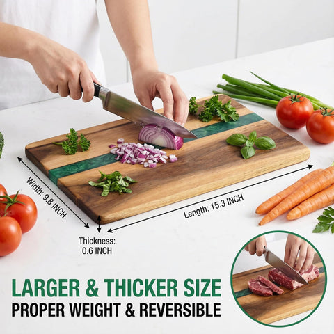 ZENFUN Acacia wood cutting board green resin close-up showing natural grain