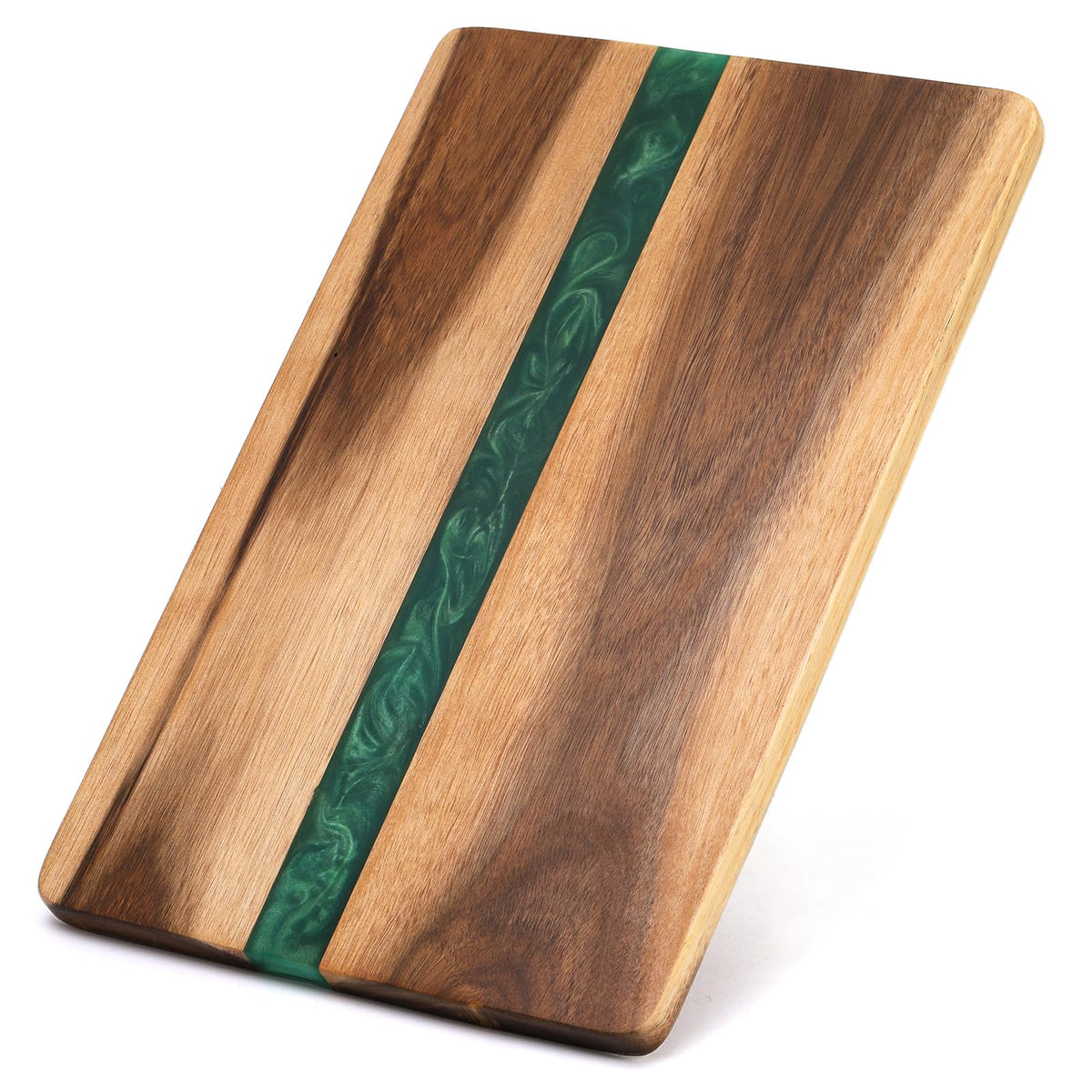 ZENFUN Acacia wood cutting board with green resin top view for cheese and charcuterie presentation