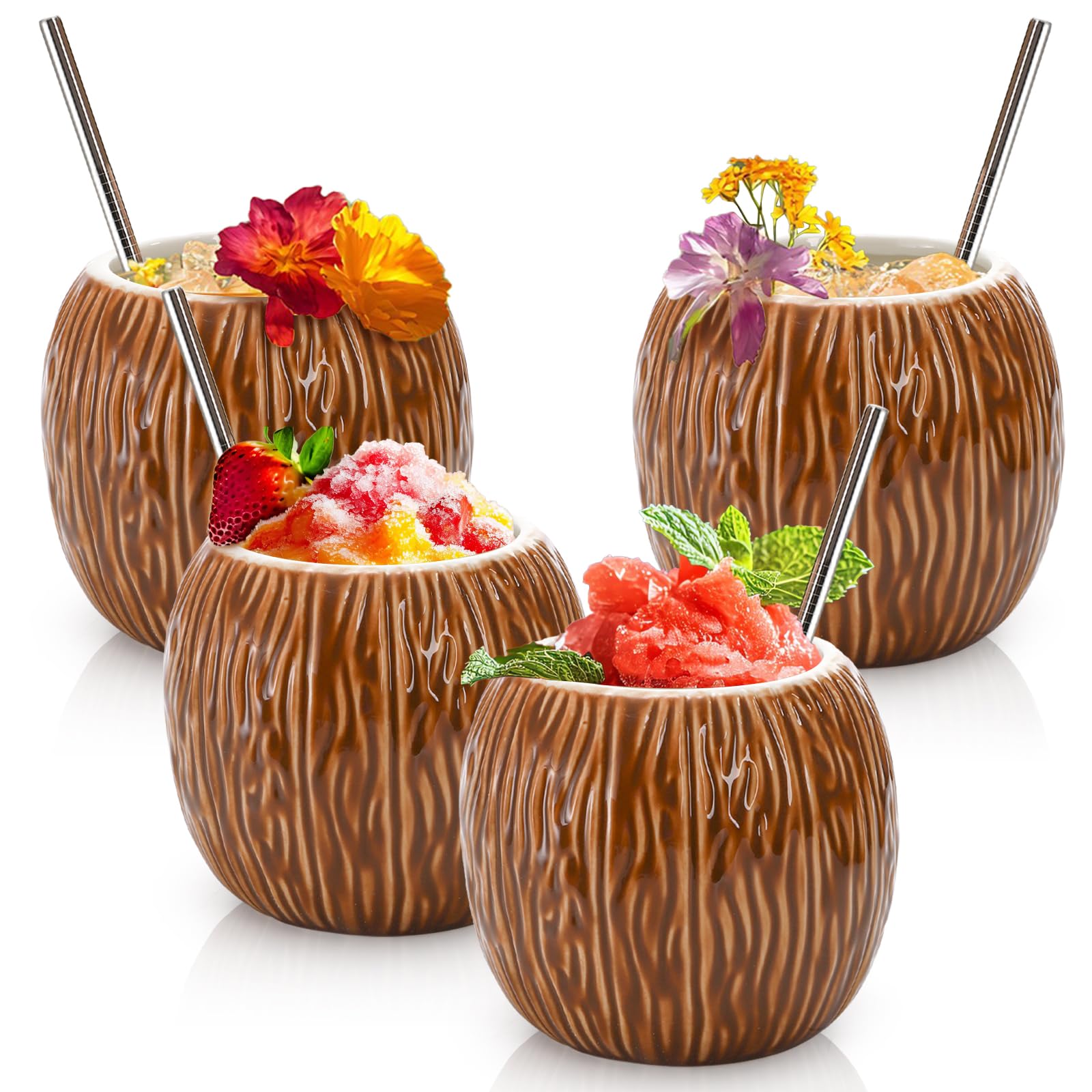 ZENFUN ceramic tiki mugs coconut 17oz set ideal for tropical cocktails and entertaining.