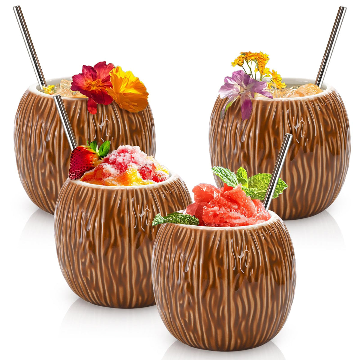 ZENFUN ceramic tiki mugs coconut 17oz set ideal for tropical cocktails and entertaining.