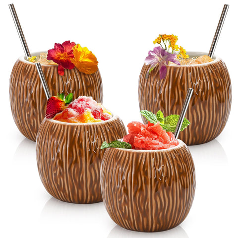 ZENFUN ceramic tiki mugs coconut 17oz set ideal for tropical cocktails and entertaining.