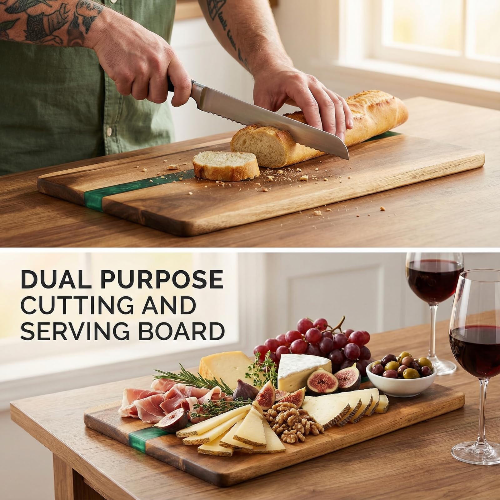 ZENFUN Charcuterie board with wood and resin embedded design as centerpiece