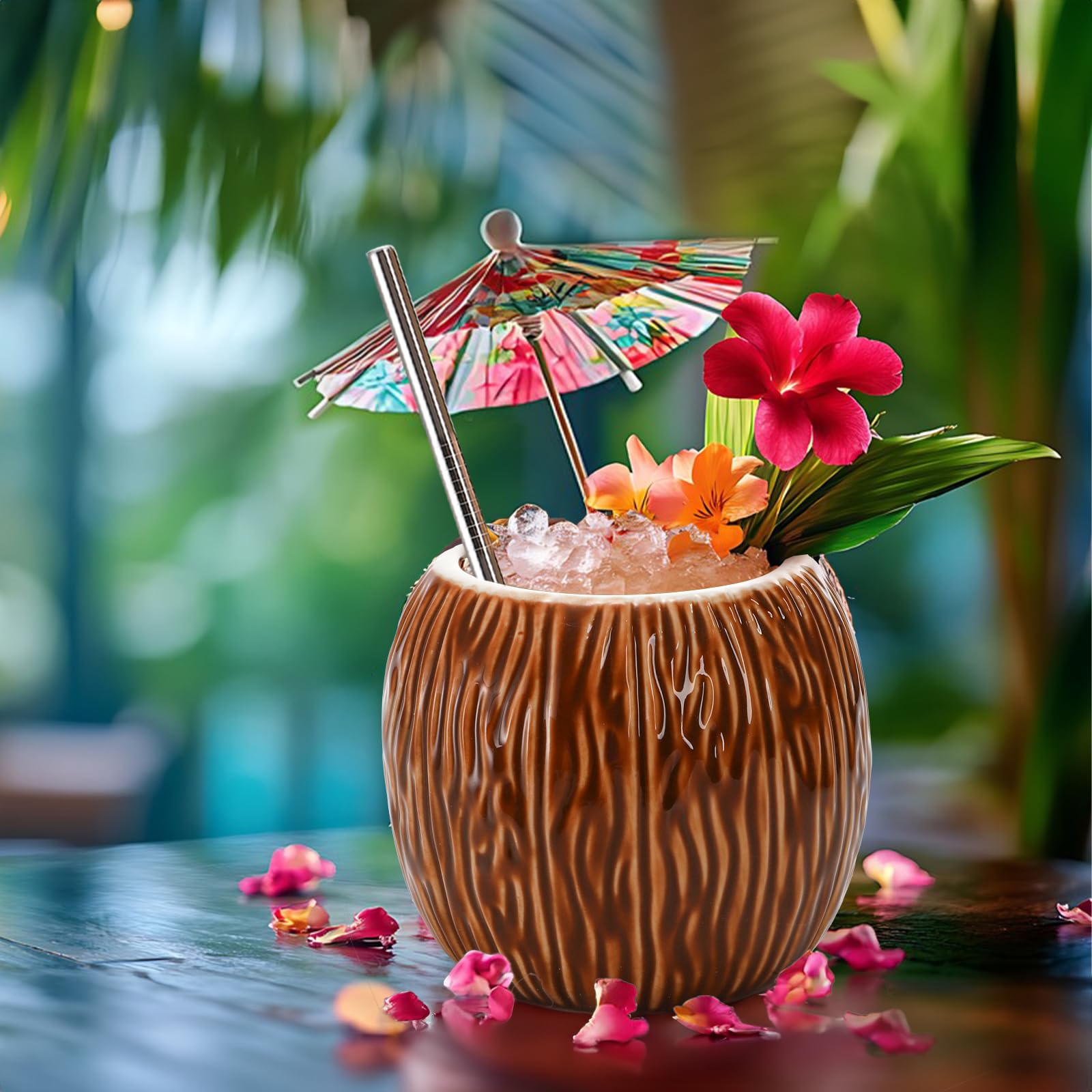 ZENFUN coconut-shape tiki cups bring playful charm to Hawaiian-themed gatherings.