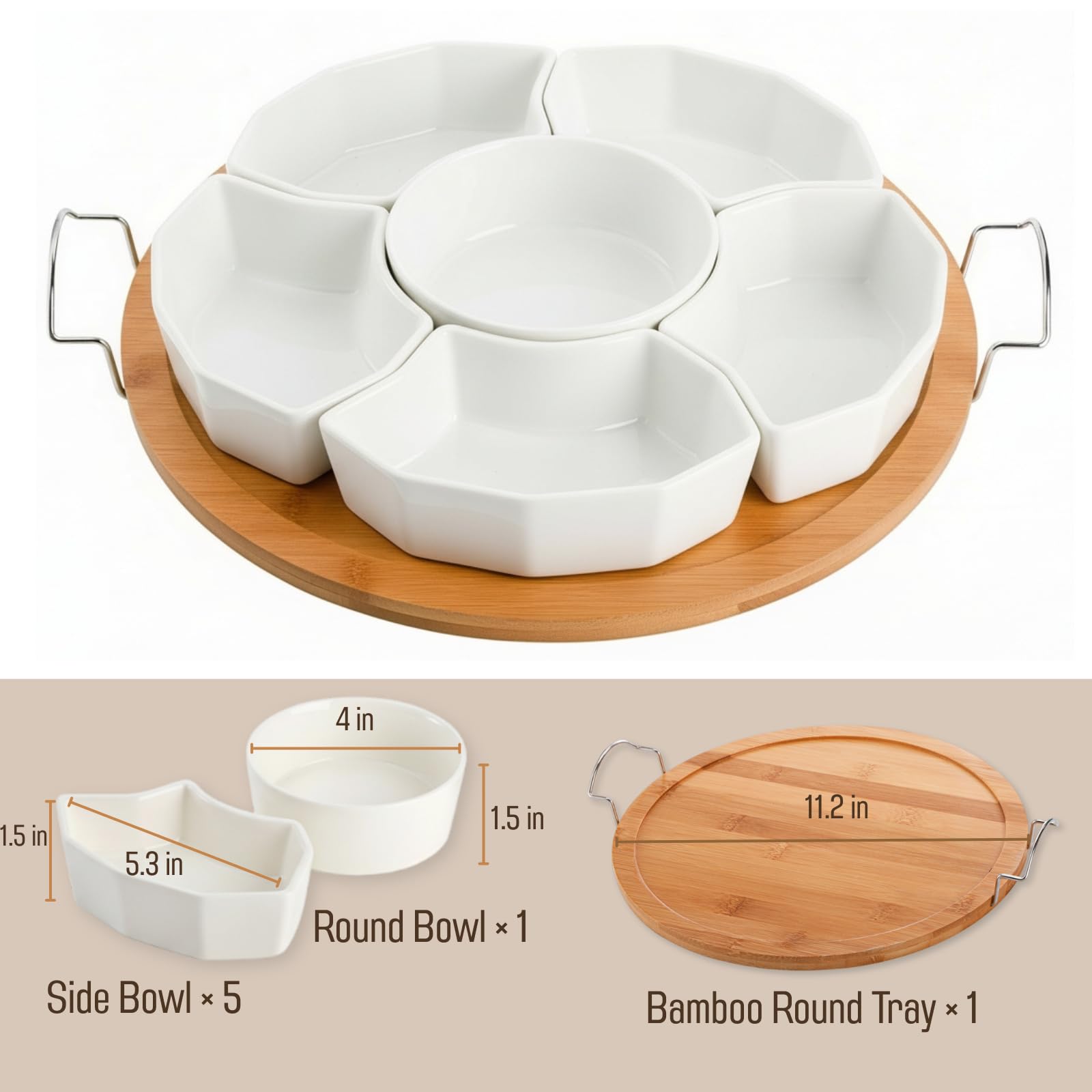ZENFUN 11-inch round platter with six removable compartments for sauces.