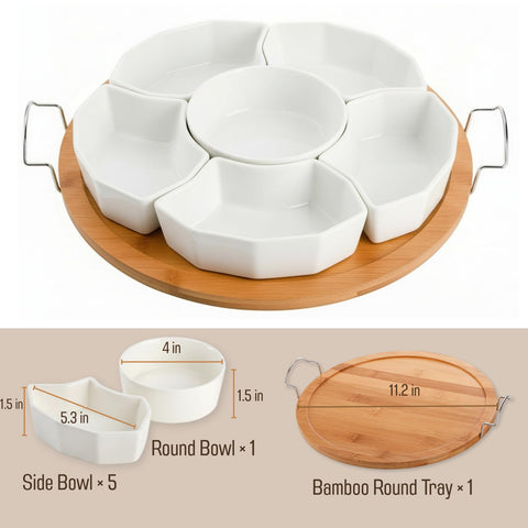 ZENFUN 11-inch round platter with six removable compartments for sauces.