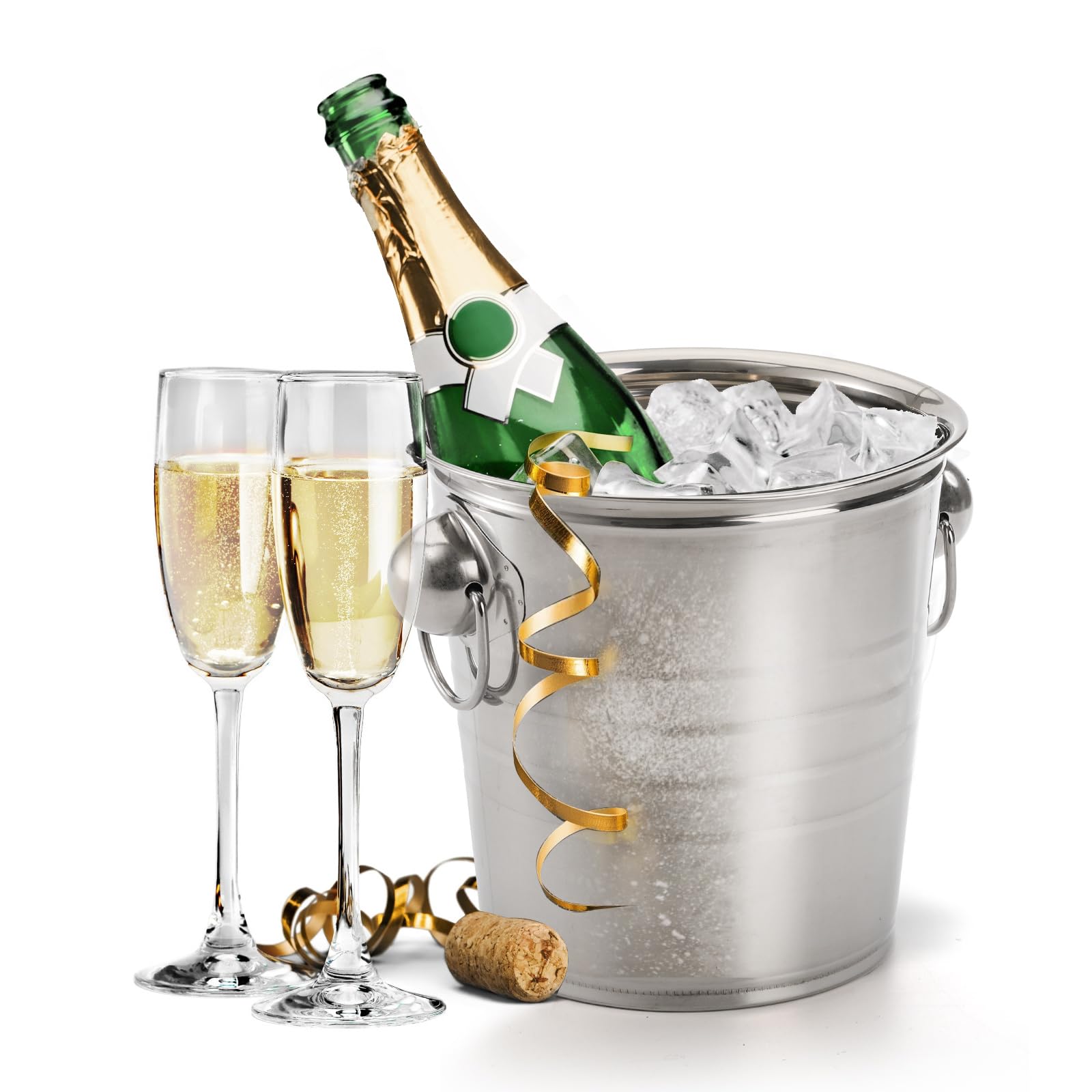 ZENFUN stainless-steel ice bucket with handles, durable and rust-resistant.