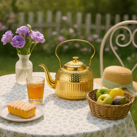 ZENFUN antique-style kettle enhances table setting during afternoon tea.